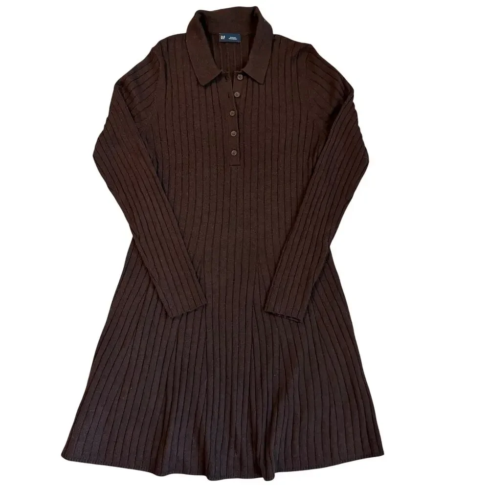 GAP Chocolate, Ribbed, Collared, Henley, Long Sleeve Sweater Dress- M - Picture 1 of 8